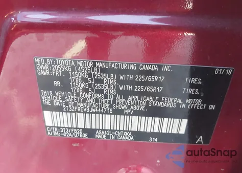 2018 Toyota Rav4 Le z USA, uszkodzony, nr VIN 2T3ZFREV9JW444716